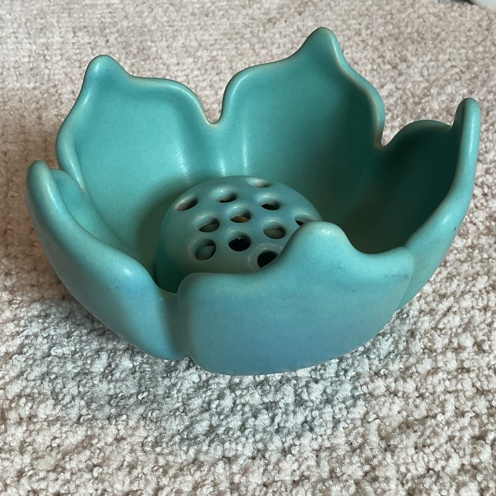 Vintage Van Briggle pottery lotus bowl with flower frog Ming blue ombré